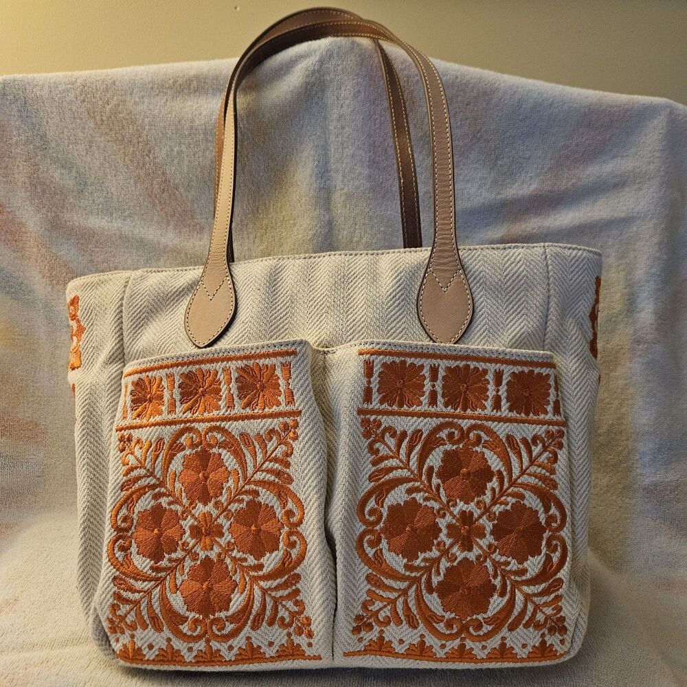 Brighton Coralee Casablanca Tote Bag Orange Embroidered Canvas Leather EUC